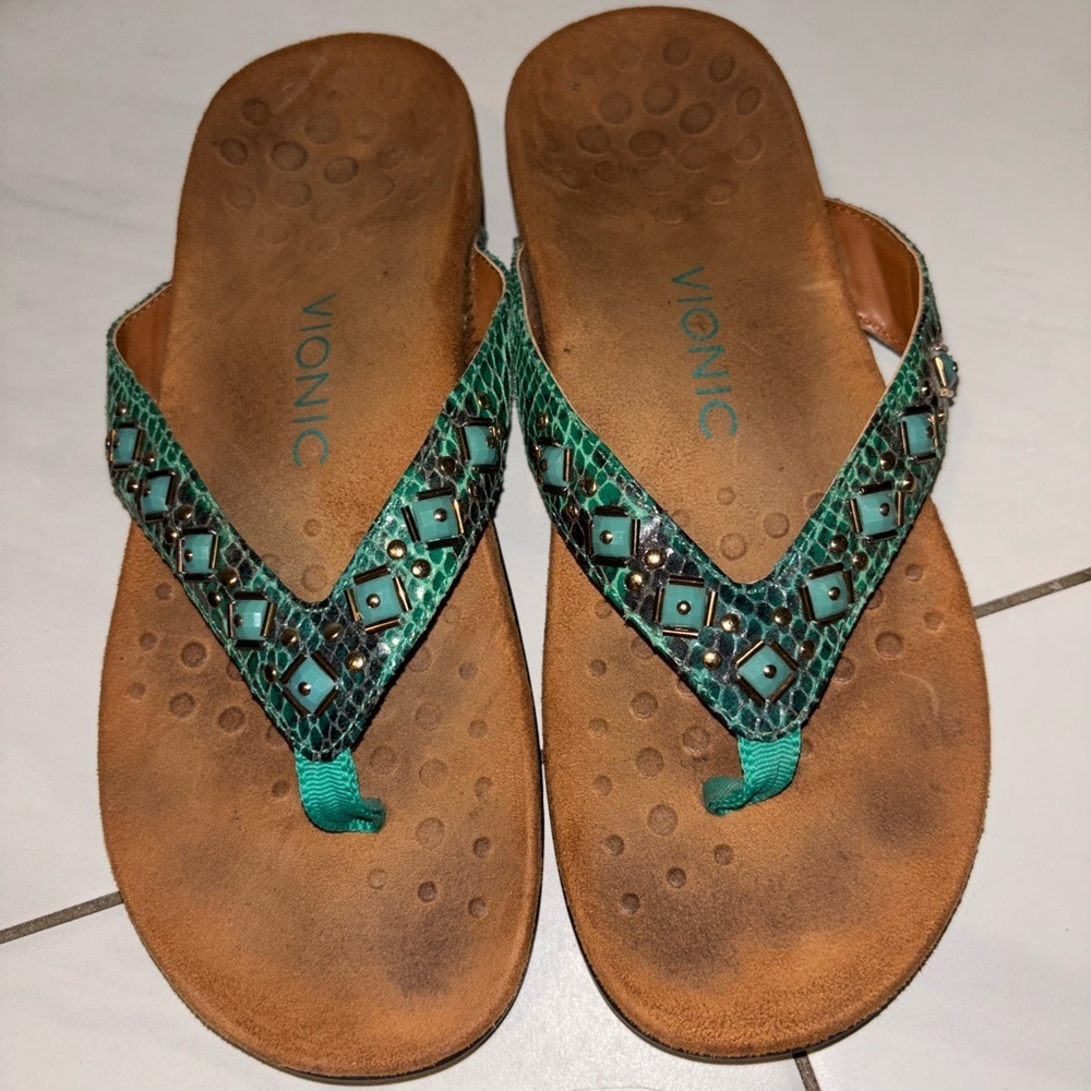 Vionic Womens Floriana Teal Snake Leather Turquoise Sandals Flip Flops
